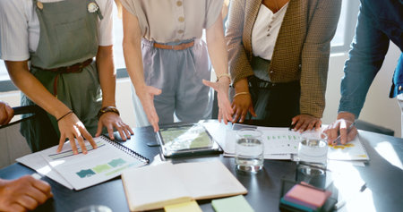 Documents, meeting and startup team in workshop for kpi strategy, planning or financial project for...