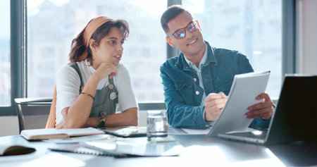 Businessman, woman and document in office for coaching, learning or target with laptop for digital...