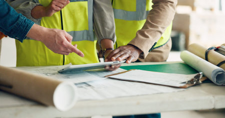 Tablet, architecture and construction worker people planning for engineer collaboration, project...