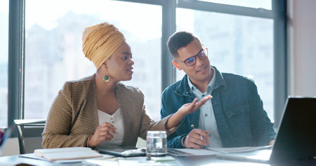 Collaboration, teamwork and business people with laptop, documents and working on savings budget, accounting or investment. Financial portfolio, partnership and African trader review crypto researchの写真素材
