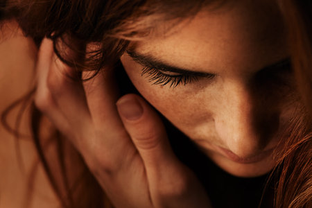 Intense beauty. A cropped closeup image of a young woman looking downwards on against a black background.の写真素材