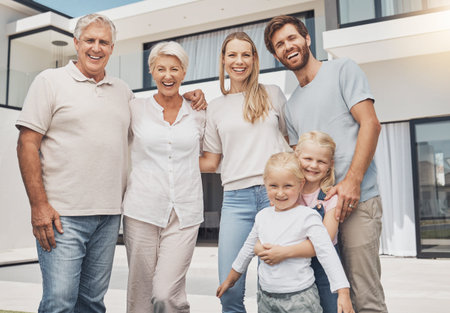 Big family, senior people and child backyard at luxury house, property or real estate in happy group...