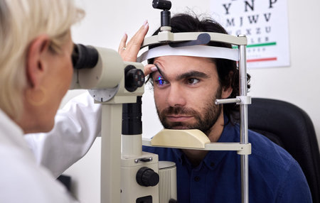 Patient man, eye exam or test for vision with laser lens and doctor at optometry consultation....