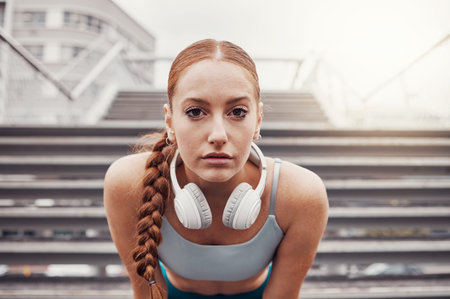Fitness, sports and portrait of woman in city with motivation, determination and focus for health...