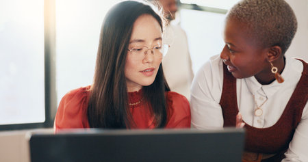 Business women, laptop or tablet in teamwork collaboration, digital marketing planning or branding...