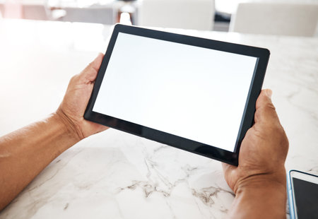 Tablet, mockup screen and hands of man at home online for website, social media and internet...