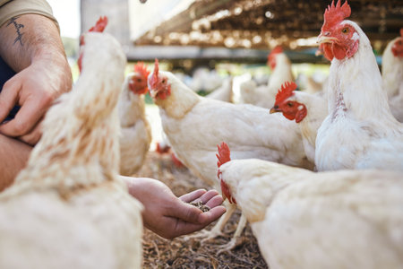 Hands, chicken and seeds at outdoor farm for growth, health and development with sustainable agriculture. Man, farmer and poultry expert for birds, eggs and meat for protein diet in countryside fieldの写真素材