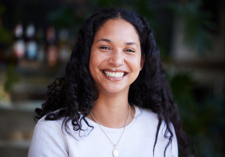 Happy portrait and woman smile, relax and excited about startup, company and vision against mockup...