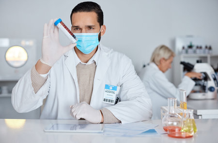 Science, mask and man with blood, laboratory and experiment for cure, diagnosis and dna information....
