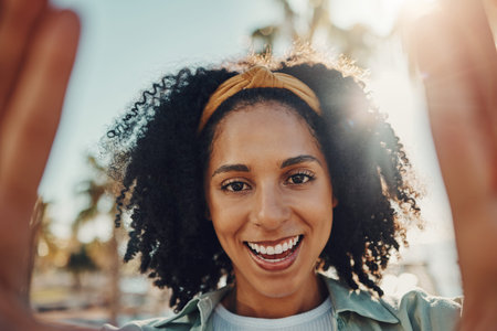 Face portrait, selfie and happy black woman taking pictures to remember memory, social media or...