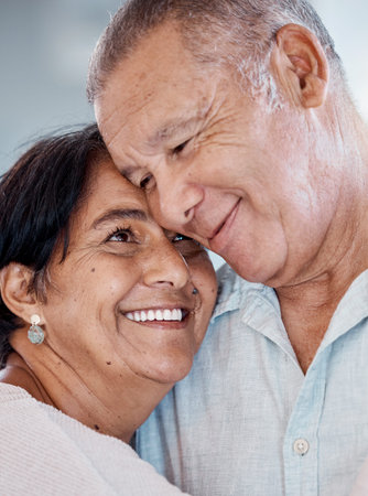 Senior couple, hug and smile of love, care and romance at home. Happy man, woman and face of...