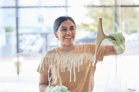 Smile, happy and housekeeper cleaning window with spray bottle and soap or detergent, housekeeping...