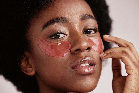 Eye, skincare and face mask portrait on black woman in studio with dermatology cosmetic product....