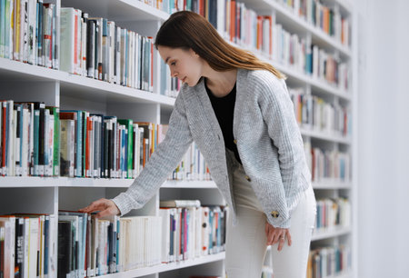 Woman in library, student with book choice and research project, reading with education and learning...