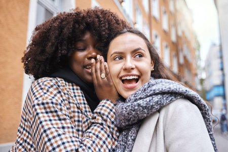 Woman, friends and gossip in the city whispering in the ears for secret conversation or discussion....