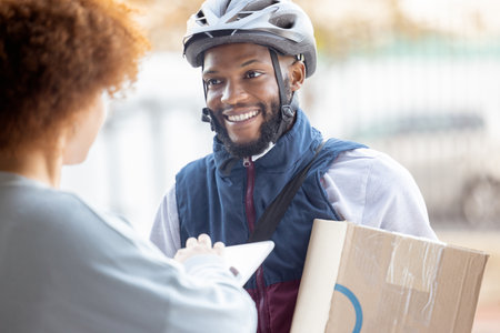 Black man, box and smile for delivery service, package or female customer order in city. Happy African American male courier employee smiling or delivering cargo to woman with clipboard for signatureの写真素材