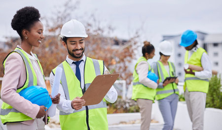 Construction worker team, discussion and clipboard for planning vision, strategy and blueprint for...
