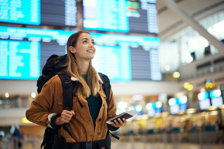 Travel, airport and excited woman with passport. travel ticket and documents for immigration,...