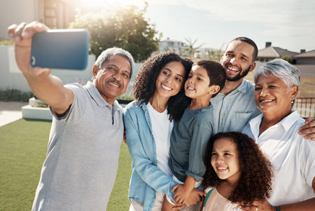 Love, smile and selfie of happy big family bonding, relax or enjoy quality time together in Rio de...
