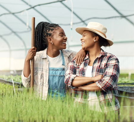 Happy farmers laughing and talking. Cheerful farmers working together in a greenhouse. African american colleagues working on a farm. Farmers collaborating, working together. Farmers laughing.の写真素材