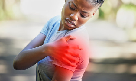 Fitness, nature and woman with shoulder pain, injury or accident while running in a park. Sports,...