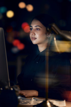 Woman, night office and working at computer for seo planning, pc research or business in dark....