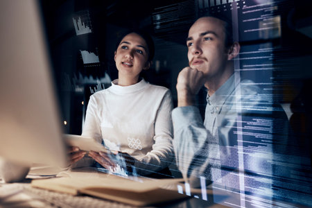 Teamwork, cyber security and programming with business people at computer for planning, developer...