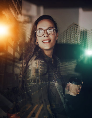 Overlay, businesswoman and holding coffee smile, happy and excited by startup company in a city....