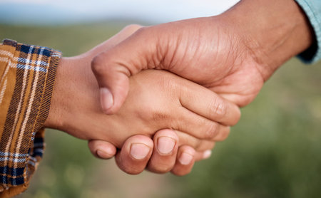 Handshake, deal and agriculture partnership at farm for sustainability contract, agreement or...