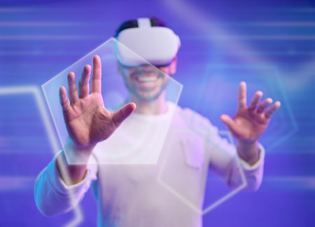 Hologram, hands or happy man in metaverse on purple background gaming, cyber or scifi on digital overlay. Wow, virtual reality user or fantasy gamer person in futuristic 3d ai experience in studioの写真素材