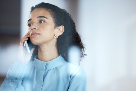 Black woman, office phone call and thinking for discussion, negotiation and planning for goals,...
