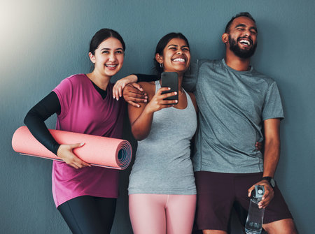 Fitness friends laugh with phone and diversity, funny meme on social media and exercise together...