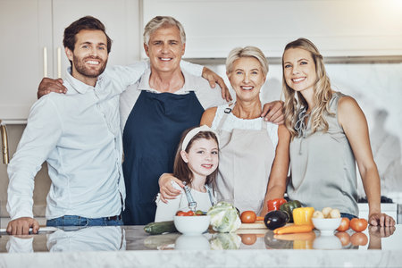 Love, kitchen portrait and big family cooking, bonding and enjoy quality time together in Sydney Australia. Holiday vacation, food ingredients and happy reunion of children, parents and grandparentsの写真素材