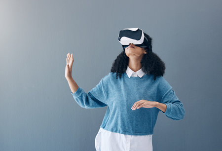Metaverse, virtual reality headset and woman with hands for mockup space and 3d game in studio....