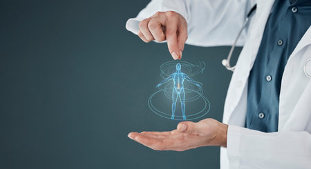 Healthcare, body and doctor hands with a hologram for anatomy, science and human analysis. Digital, research and medical worker with a holographic person for biotechnology on a mockup backgroundの写真素材