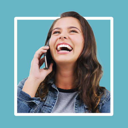 Frame, phone call and woman with smile, connection and laughing with girl on blue studio background....