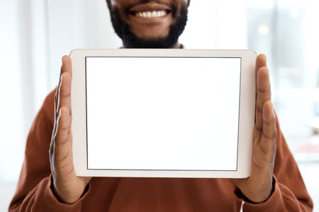 Tablet, mockup screen and black man smile for website branding, social media and mobile app on internet. Marketing, network and male with empty, blank and copy space of digital tech for advertisingの写真素材