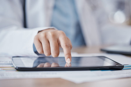 Search, doctor woman or hand on tablet for internet medical research data, email or healthcare...