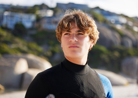 Surfer, man and thinking on beach, vacation and ideas for competition, training and on weekend...