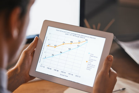 Chart, finance and tablet with hands of businessman for planning, data analytics and profit growth....