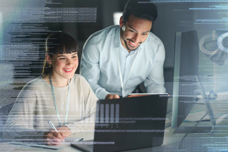 Information technology, overlay and team on laptop for digital marketing, programming and coding....