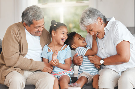 Nanas the best. grandparents bonding with their grandchildren on a sofa at home.