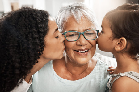 Kiss, affection and children with grandmother for love, birthday or mothers day. Gratitude, care and...