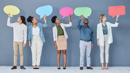 Speech bubble, feedback mockup and communication with business people for social media, vote and...