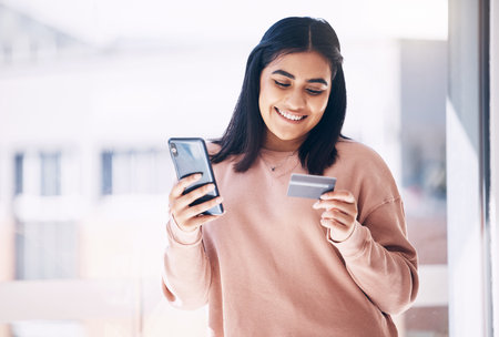 Woman, phone or credit card for online shopping, e commerce or home internet banking on fintech app....