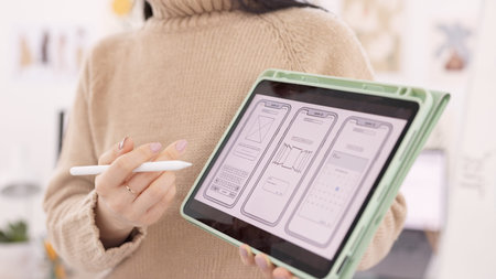 Tablet, ux design and hands of business woman presenting ideas, vision and concept in meeting. Web...