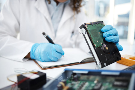 Hands, technician and motherboard from computer, laptop or pc in cyber crime investigation, analysis...