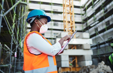 Growing the city on a grand scale. a young woman going over building plans at a construction site.の写真素材