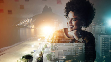 Woman, office and night with thinking by double exposure city, smile and planning for future goal....