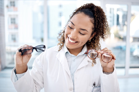 Eye care, vision and woman, glasses choice and optometrist, healthcare for eyes with doctor and...